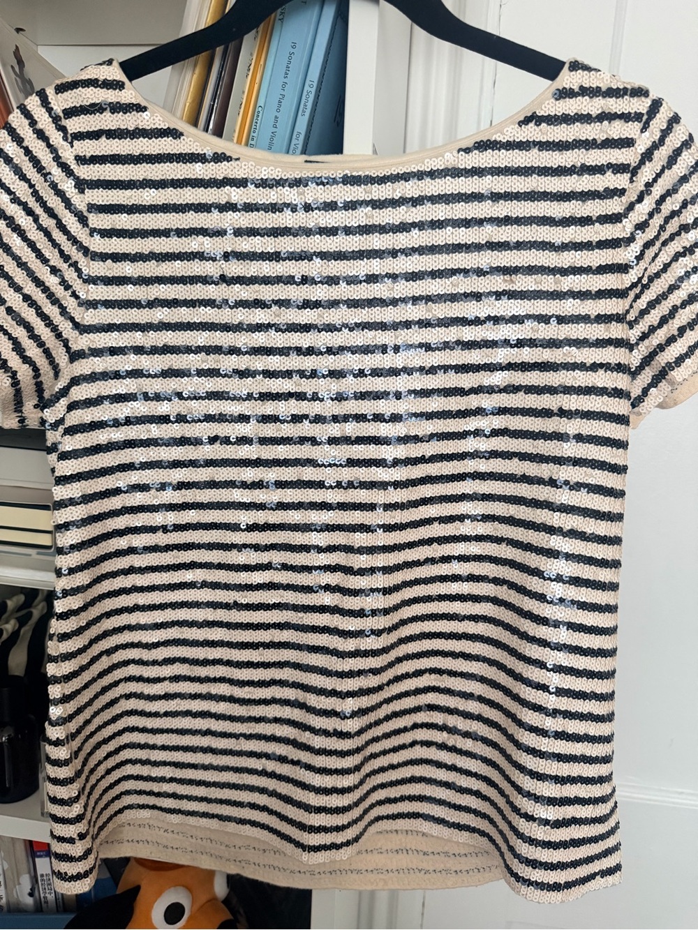 J. Crew Cream and Black Striped Sequin Short-Sleeve Tee
